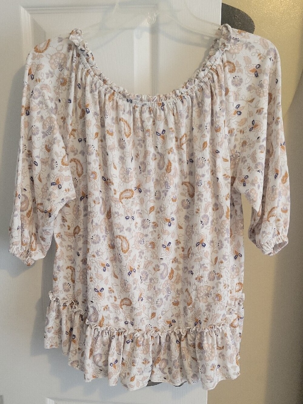 MELLODAY SzLg Cream Paisley Floral Peasant Blouse Ruffle Hem on off shoulder - Picture 5 of 5